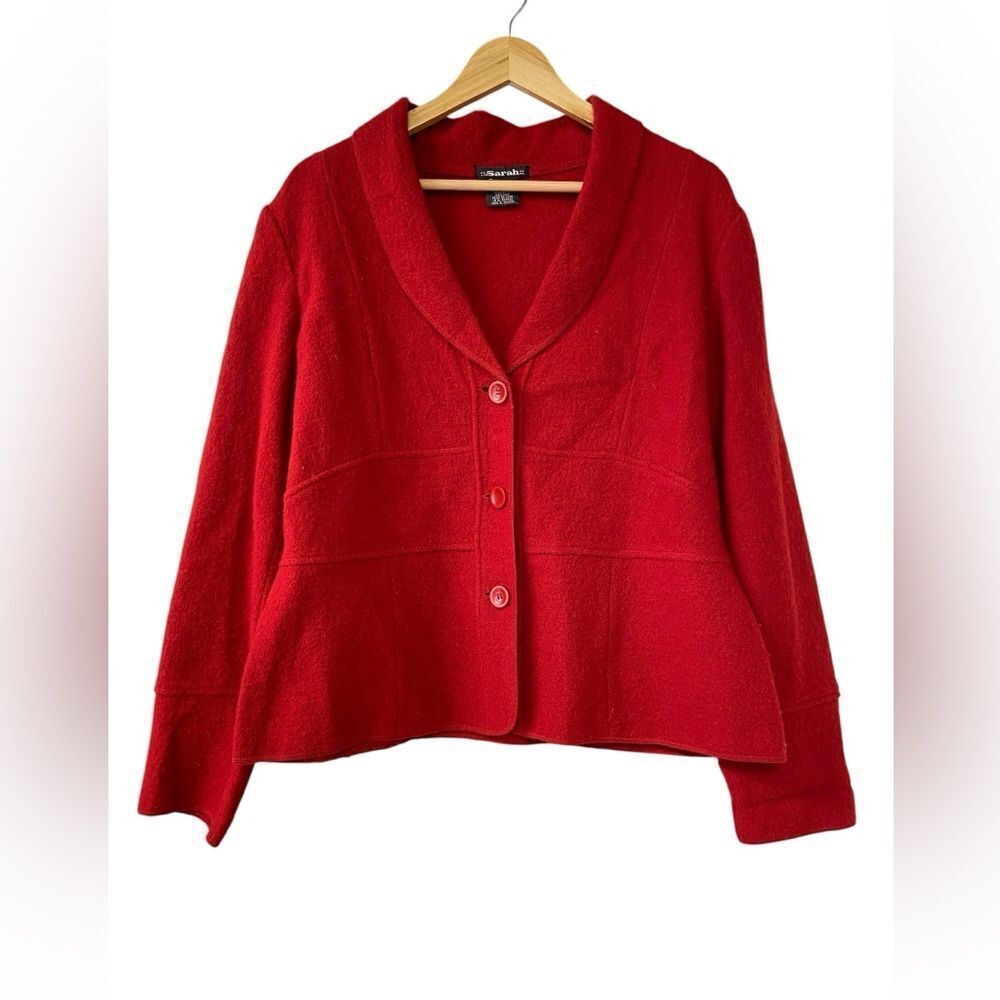 Sarah Vintage 100% Wool Red Button Front V-Neck Jacket Unlined Coatigan Size XL